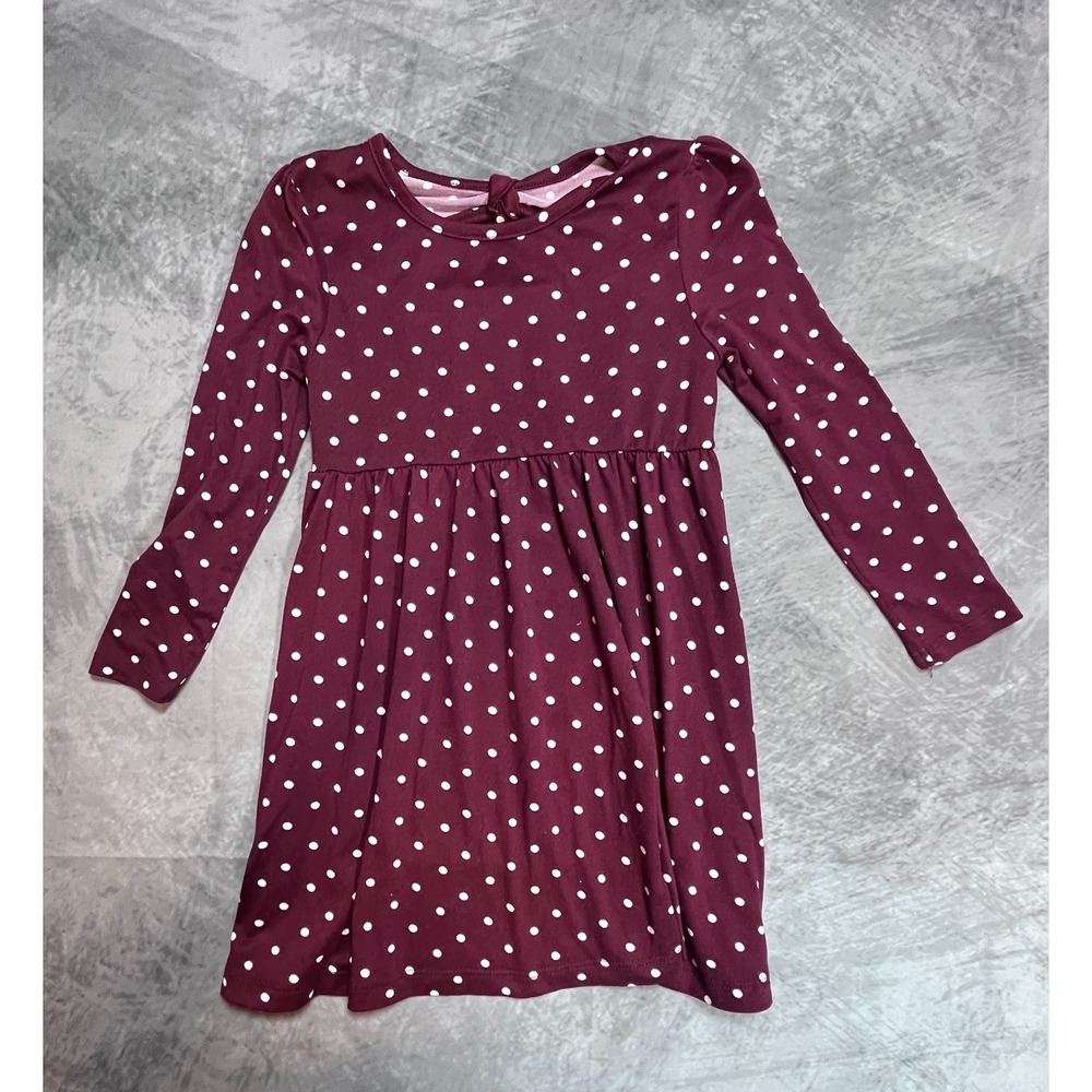 Member's Mark Knit Dress Girls 4T Burgundy White Polka Dot Pleated Keyhole Back